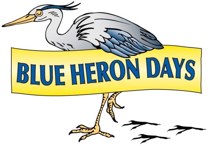 Illustration of a blue heron bird with a yellow banner in front that says Blue Heron Days